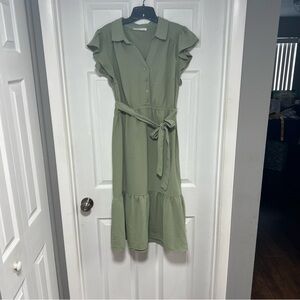Lucky Brand Sage Green Midi Dress with Ruffle Sleeves